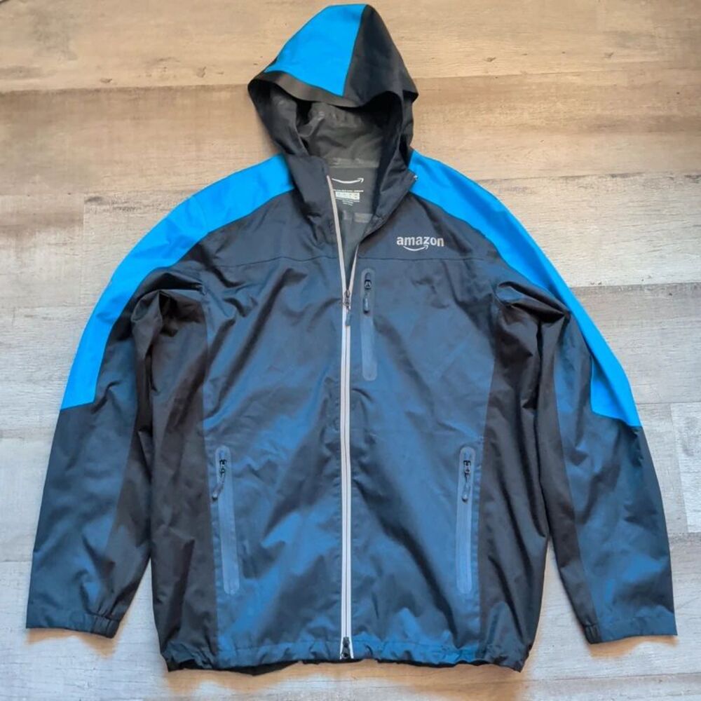 Amazon Prime Rain Shell Jacket Mens L Black Blue Hooded Water Resistant